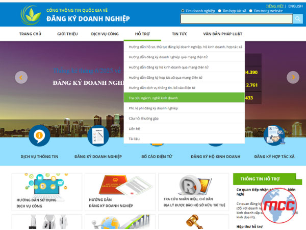 Chọn mục hỗ trợ để tra cứu mã ngành nghề kinh doanh